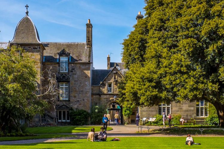 Outside of St Marys and King James building with large tree at the side